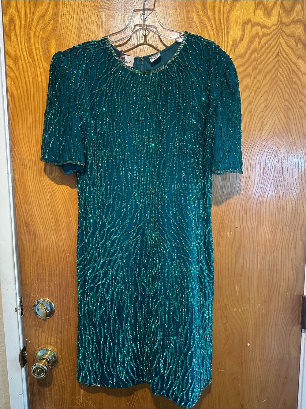 Laurence Kazar Teal Sequin Short Sleeve Dress c.1980s